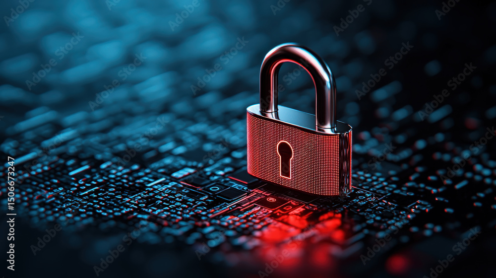 Leinwandbilder Futuristic digital padlock on circuit board symbolizes AI powered security, glowing with red and blue lights, representing cybersecurity and data protection