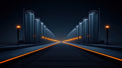 Futuristic industrial scene features symmetrical rows of tall metal silos illuminated by glowing orange lights, creating dramatic and innovative atmosphere