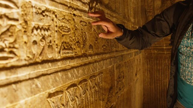 Touching ancient wall carvings at Dendera temple, warm light, curious and respectful mood