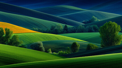 Rolling Hills of Serenity: An expansive landscape of rolling hills, covered in vibrant shades of green, under a serene, blue sky.