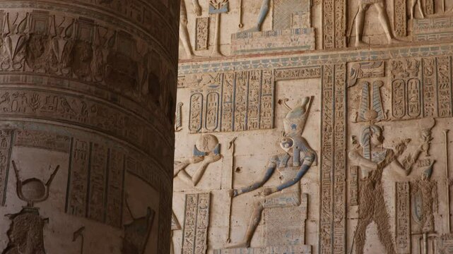 Colorful ancient carvings and hieroglyphs inside Dendera Temple, Egypt