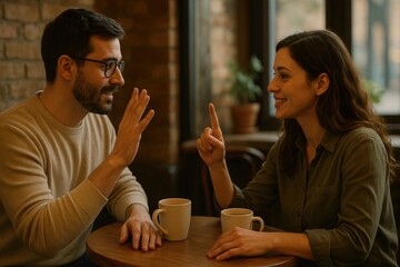 Conversation in a cozy cafe: two people communicating over coffee