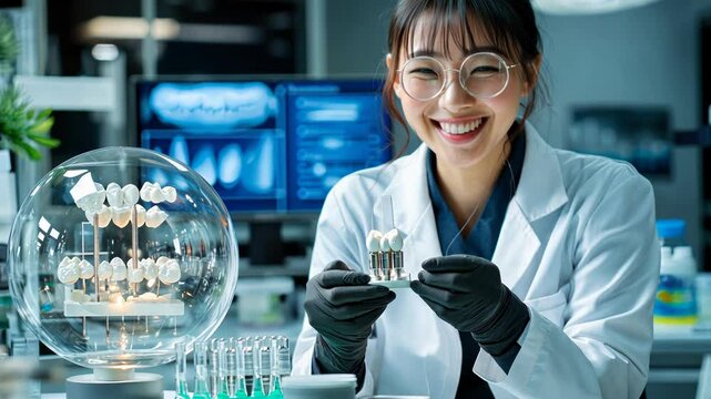 Smiling scientist displays dental models in lab