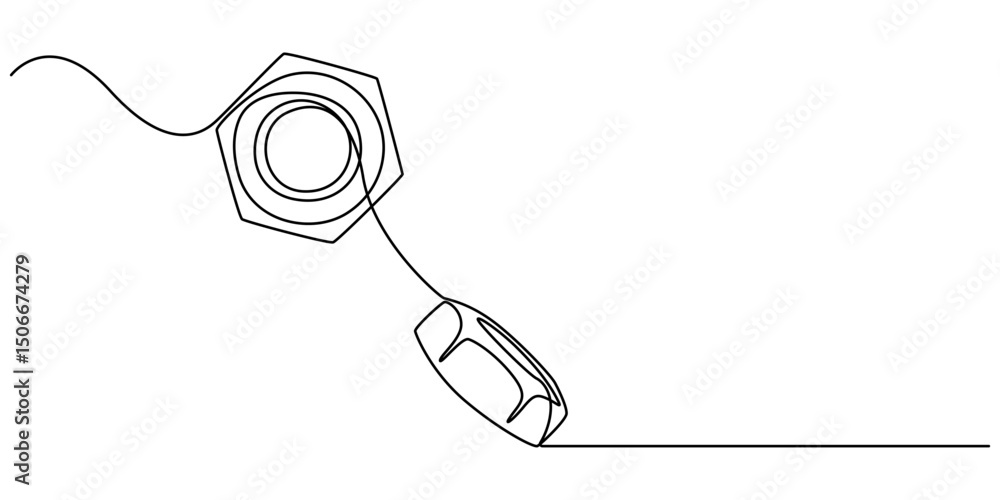 Poster bolt nut continuous line vector illustration, Nut one line drawing vector. Nut continuous line drawing vector. Nut a single line drawing. Background contour line Nut vector, Female screw, metal nut.