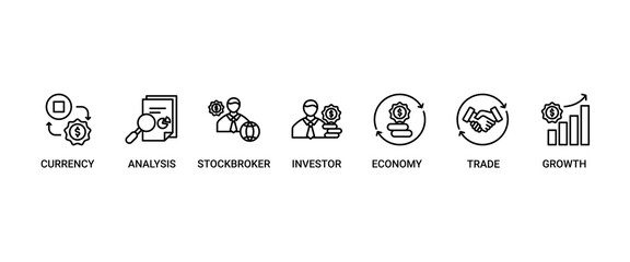 Fototapeta premium Forex banner web icon set vector illustration concept with icon of currency, economy, trade, investor, growth, analysis and stockbroker icons perfect symbol background