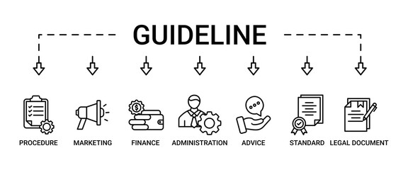Guideline banner web icon set vector illustration concept with icon of rule, procedure, legal document, standard, administration, advice, finance, marketing