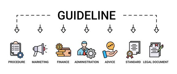 Guideline banner web icon set vector illustration concept with icon of rule, procedure, legal document, standard, administration, advice, finance, marketing