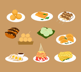 A vibrant illustration set of popular Indonesian street festival foods, including satay, and fried snacks, perfect for culinary and cultural visuals.