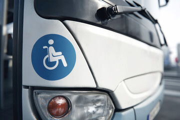 Close-up of a blue and white bus designed for disabled individuals in daylight with soft lighting
