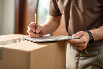 Delivery man signs for a package of household goods at a freight warehouse indoors