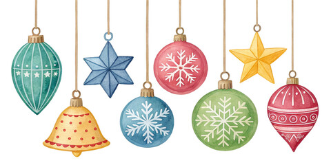 Watercolor Christmas Ornaments Hanging, Isolated on Transparent Background, Holiday Decoration, Festive Clipart, Christmas, Ornament, Watercolor