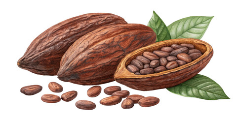 Watercolor Cocoa Pods and Beans, Isolated on Transparent Background, Botanical Illustration, Food, Ingredient, Cocoa, Beans, Chocolate