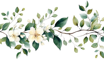 Obraz premium Watercolor Floral Branch, White Flowers, Green Leaves, Isolated on Transparent Background, Botanical Illustration, Floral Arrangement, Wedding Design, Spring Bloom