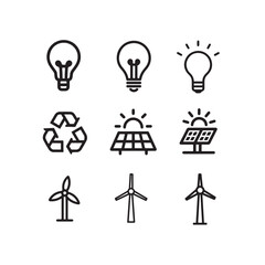 Collection of black outline icons representing renewable energy sources and sustainability concepts in an arrangement