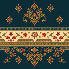 Traditional mixed Embroidery design concept. Antique illustration art for website, user interface theme. Interior decoration idea. Abstract pattern for the carpet background