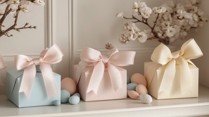Delicate Easter Gift Boxes with Spring Flowers and Colorful Eggs