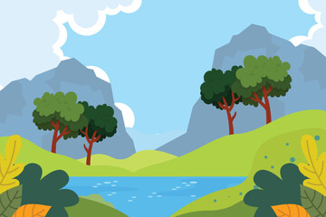  Cartoon Mountain Valley Sunrise Landscape