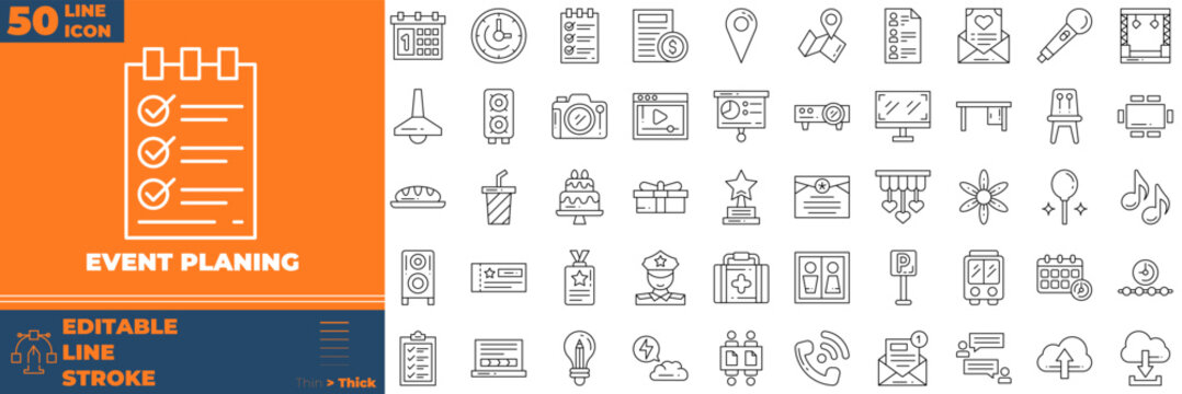 Event Planing Line Editable Icons set. Vector illustration in modern thin line style of event planing icons: Management, wedding, entertainment, etc
