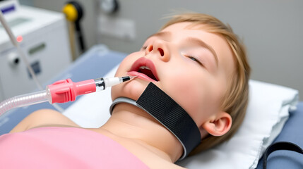 Emergency cricothyrotomy set with cricothyrotomy needle, syringe, padded neck strap and flexible connecting tube to establish emergency airway access for children in case of upper airway obstruction