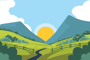  Cartoon Mountain Valley Sunrise Landscape