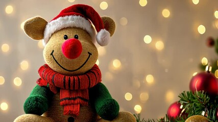 Festive reindeer toy with Santa hat, scarf, and ornaments against a bokeh background - Powered by Adobe