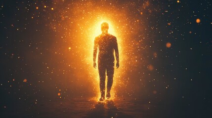 Naklejka premium Ethereal Figure Surrounded by Glowing Particles in Dark Background