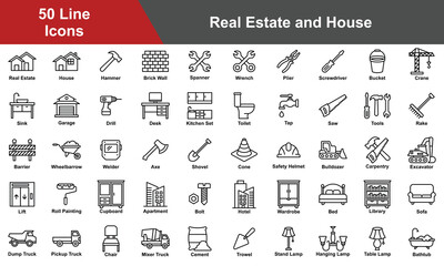 Obraz premium Real Estate and House Icon Set Collection. Containing Real Estate, House, Apartment, Cupboard, Wardrobe, Bed, Library, Sofa, Desk, Kitchen Set, Toilet, Hotel, Lift. Simple Line Vector Illustration.