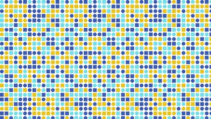Pattern Design - pattern of circles and squares in yellow blue and light blue on white grid