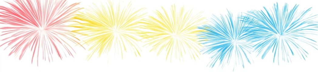 Four pastel fireworks bursts, pink, yellow, and blue, arranged in a row against a white background