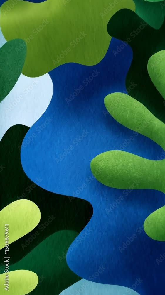 Poster dynamic abstract shapes overlap in shades of green and blue offering a fresh and vibrant contemporar