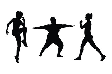 Collage of silhouette people performing various exercises over white background. Exercises black silhouette 