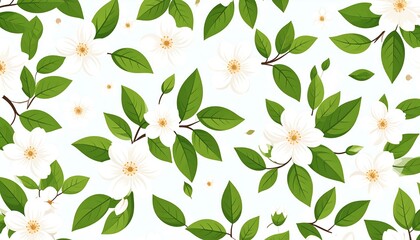 Floral illustration with white flowers and leaves.
