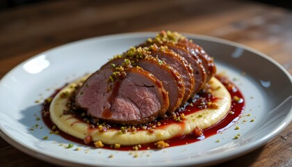Golden roast duck breast sliced and fanned out over a creamy parsnip purée, with berry reduction glaze and crushed pistachios