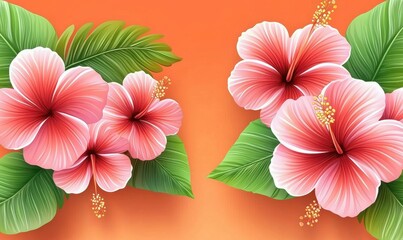 Two clusters of blush pink hibiscus blossoms, lush green tropical leaves, set against a coral orange backdrop