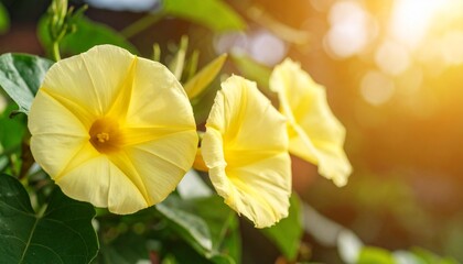 Fototapeta premium レモンイエローの朝顔が自然にぼかされた背景に柔らかく咲き、幻想的で穏やかな朝の雰囲気を繊細に表現している