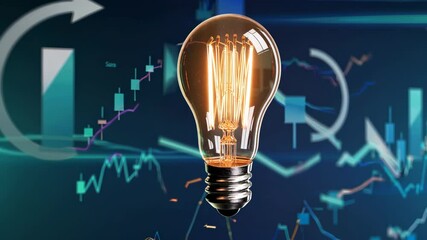 Vintage lightbulb shining on data screen. Concept idea innovation in finance. Analytics chart glowing lightbulb. Technology concept powered by innovation. Lightbulb analytics insight for finance data. - Powered by Adobe