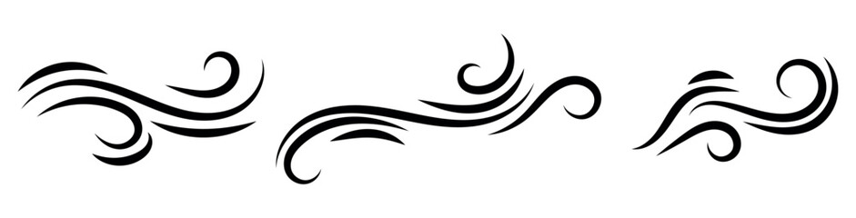 Wind air line effect in doodle style. Hand drawn swirl speed waves, air flow, stormy winds and curve smoke. Set of motion of hurricanes, autumn gusts, and summer breezes, vector illustration.