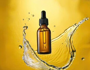 Serum Dropper Bottle with Splash on Yellow Background – Cosmetic Product Mockup Concept