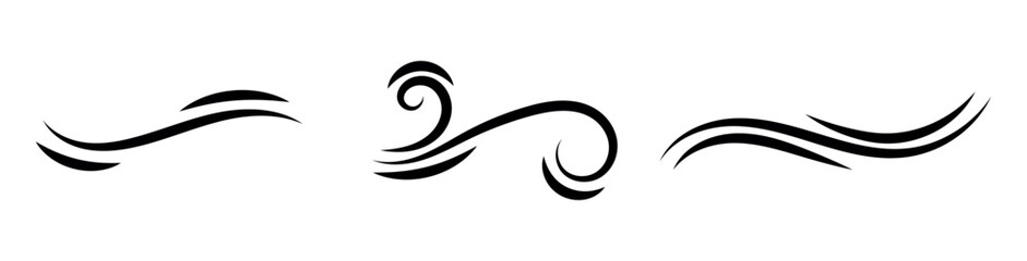 Black waves and splashes of water set. Swirls, curves and flow of liquid clip art. Silhouette of water flows, vector elements on a white background.