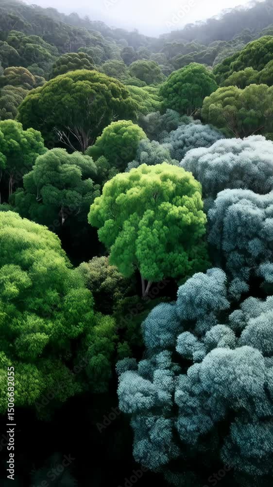 Aufkleber overhead view of a dense forest canopy with green and blue-gray trees under foggy sky creating a sce