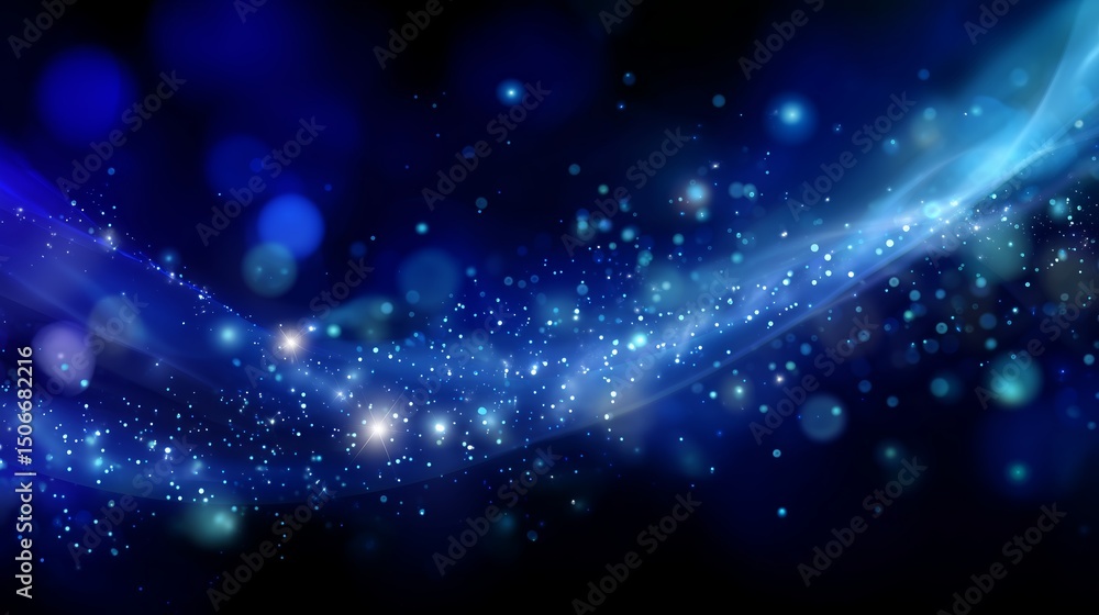 Poster vibrant cosmic background with sparkling particles and swirling light patterns in deep blue tones