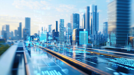 Obraz premium Futuristic city skyline with digital elements and technology integration, showcasing innovation and modern architecture