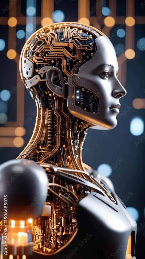 Poster futuristic artificial intelligence robot with exposed circuit board and metallic components, advance
