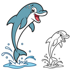 A cheerful cartoon dolphin jumping out of water