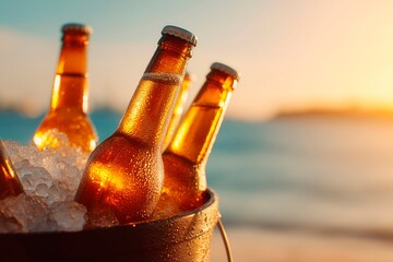 Cold beer bottles in ice bucket at sunset on the beach with copy space for text