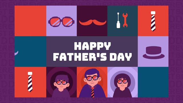 4K animated Father's Day video featuring a colorful grid of symbols like ties, tools, hats, and a loving dad with kids. Bold text says "Happy Father's Day" and "Best Dad Ever" in a playful style.
