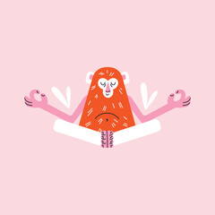 Cartoon monkeys set in yoga meditation pose. Flat vector illustration isolated on pink background in playful geometric style. Wellness and fitness activity concept. Wildlife animals concept