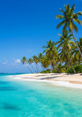 Tall coconut trees with lush green fronds line a pristine white sandy beach