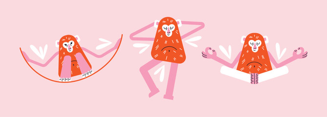 Cartoon monkeys set in various active poses. Flat vector illustration isolated on pink background in playful geometric style. Wellness and fitness activity concept. Wildlife animals concept