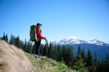 Fototapeta premium Woman backpacker holding trekking poles on the top of the hill. Side view of female hiker in red raincoat and backpack trekking in mountain valley. Adventure, nature, and travel lifestyle.